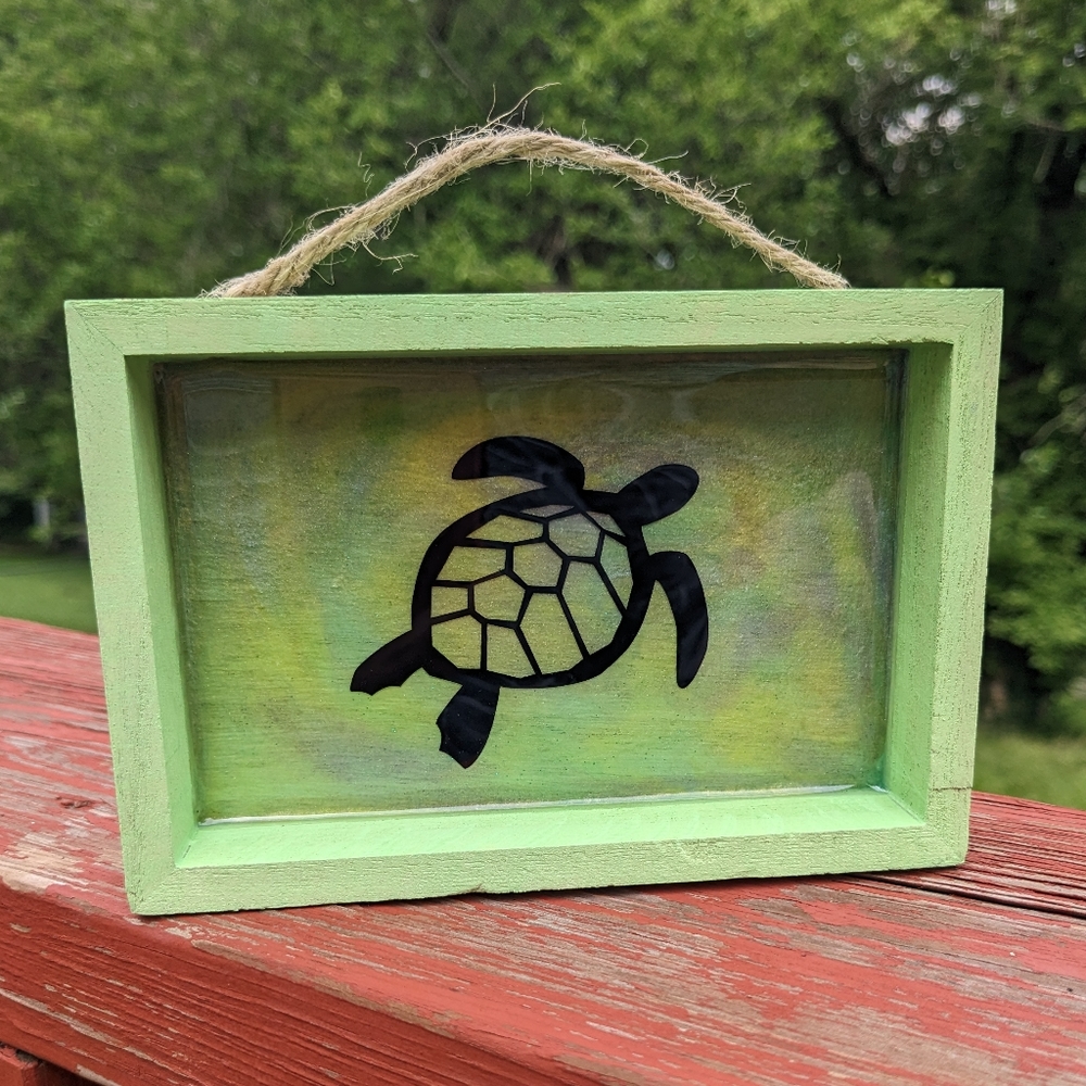 Turtle Wall Hanging Resin Handmade Green Art Wood Shadowbox Canvas Turtles - Picture 6 of 8